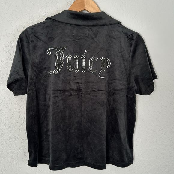 Juicy Couture Black Velvet Velour Button Front Top Glitter Glam Logo Y2K Girly - Picture 1 of 6